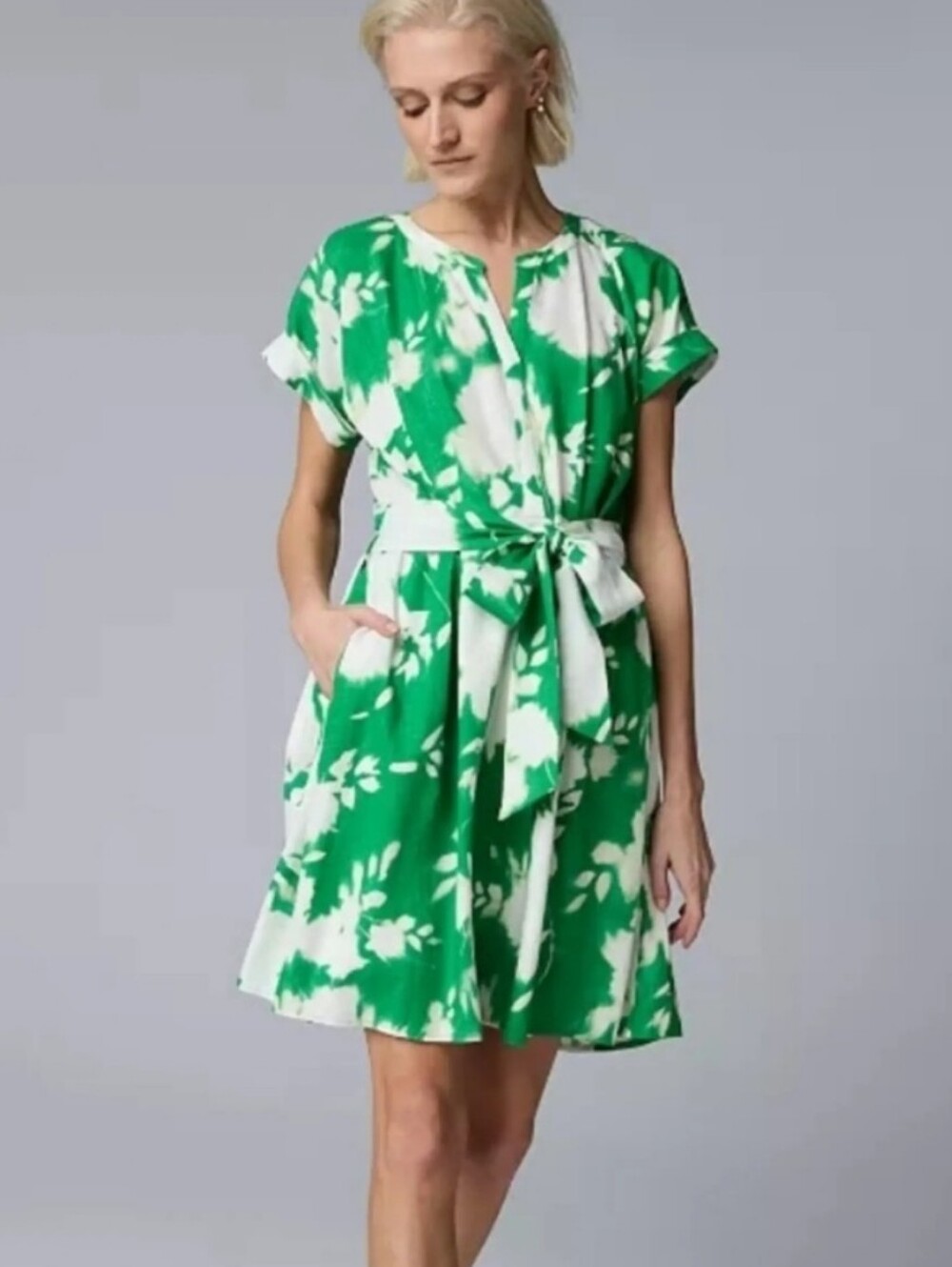 Simply Vera Vera Wang Green Floral Tie-Waist A-Line Dress